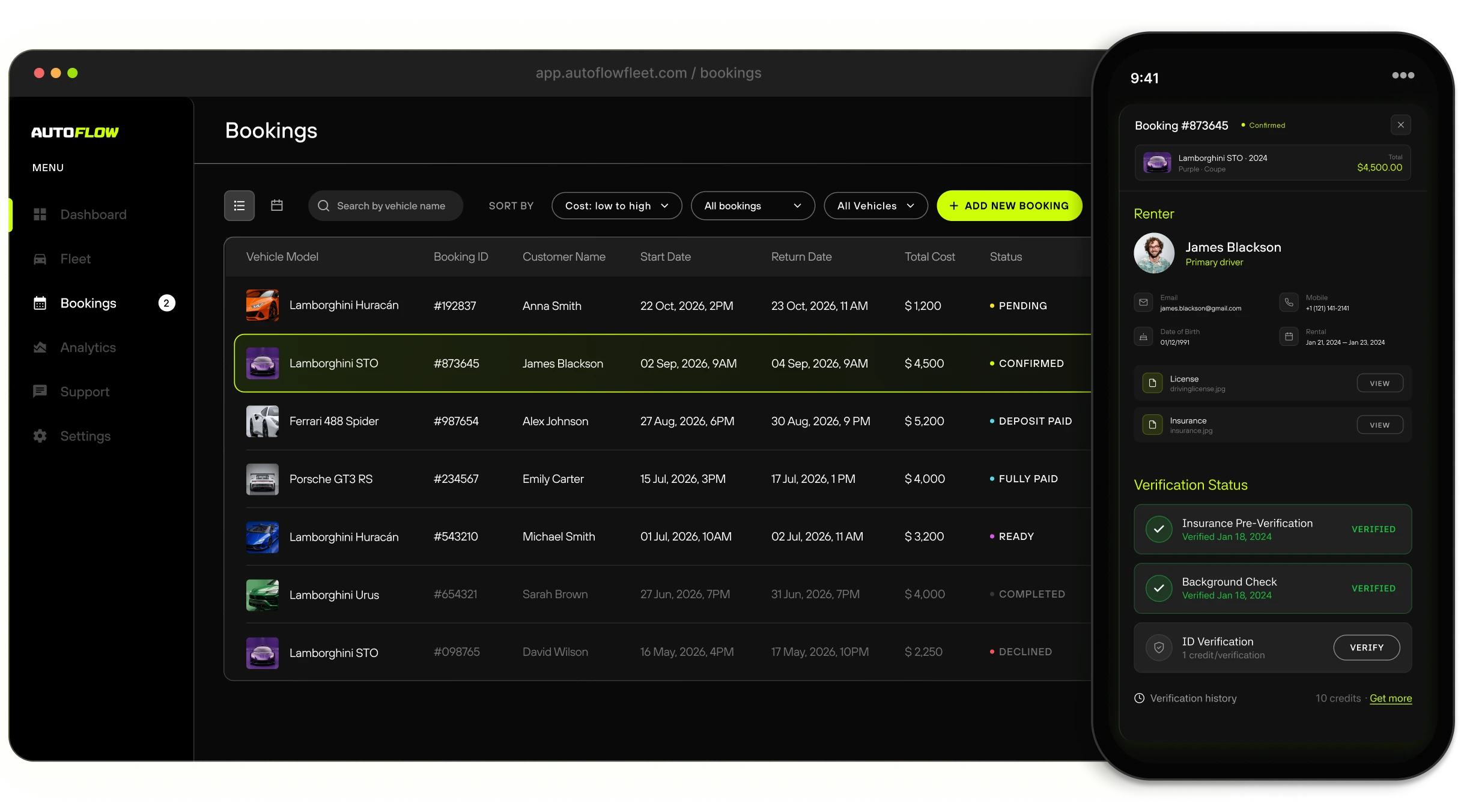 Autoflow dashboard: bookings list, vehicle performance report, and mobile booking with renter verification status